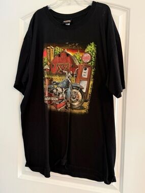 Harley-Davidson Black Short-Sleeve Tee with Blue Motorcycle and Red Barn Graphic